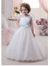 Elbow Sleeves Two-tone Ivory Blue Lace Tulle Beaded Flower Girl Dress